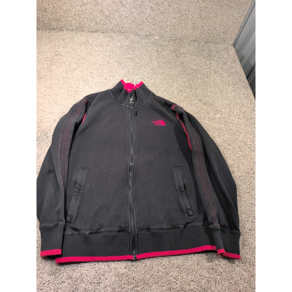 The North Face Mens M Full Zip Track Jacket Black Pink Contrast Stitch Fleece